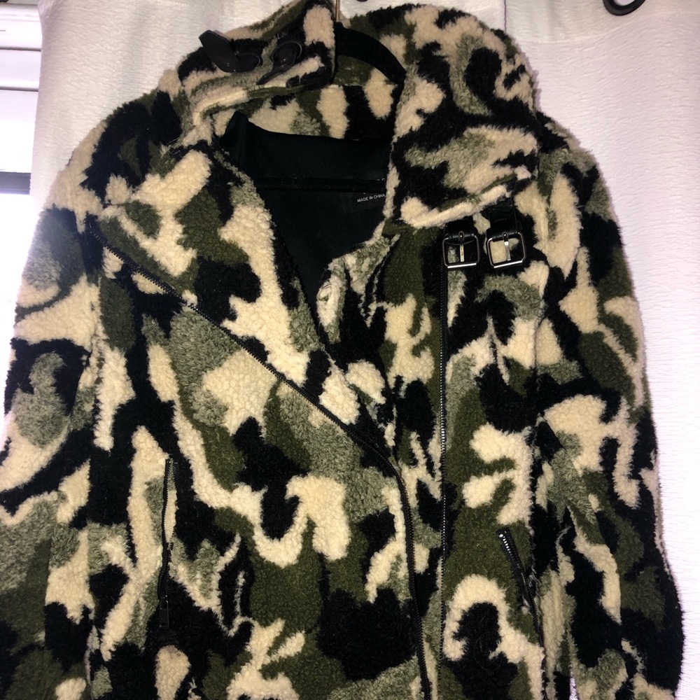 Camo Sherpa Jacket with leather buckle detailing